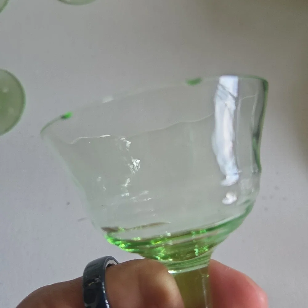 Vintage Uranium Small Stem Glass Green Hue Collectible Glassware Set Of 4